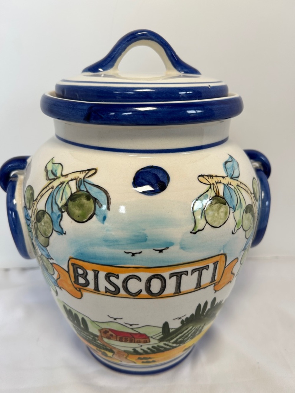 Hand-Painted Biscotti Cookie Jar in Blue and White